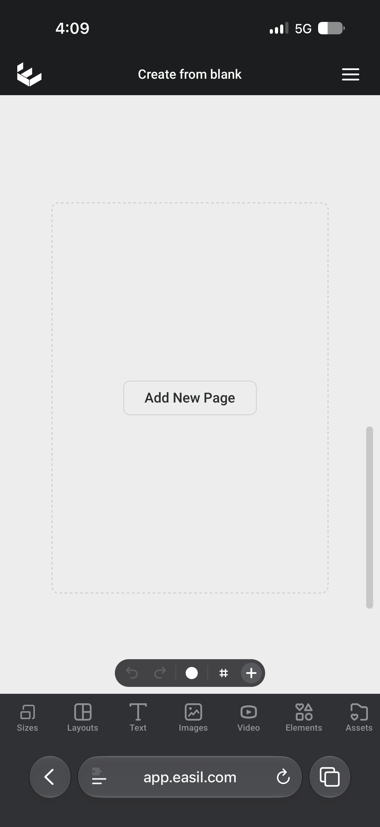 The Add New Page panel below the final page in the Easil mobile editor