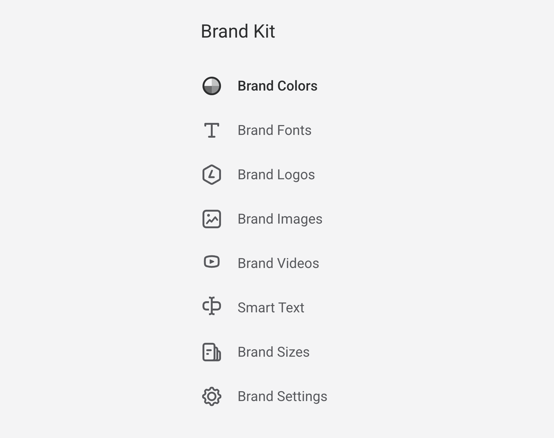 The Brand Kit menu in Easil, showing the available Brand Kit sections.