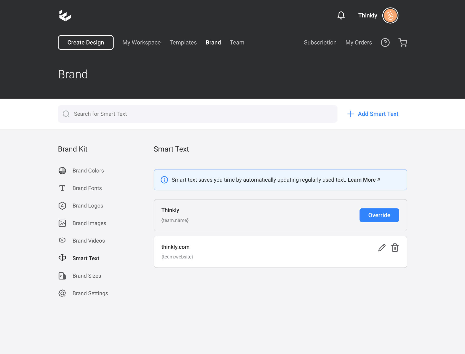 The Smart Text area in Brand Kit.