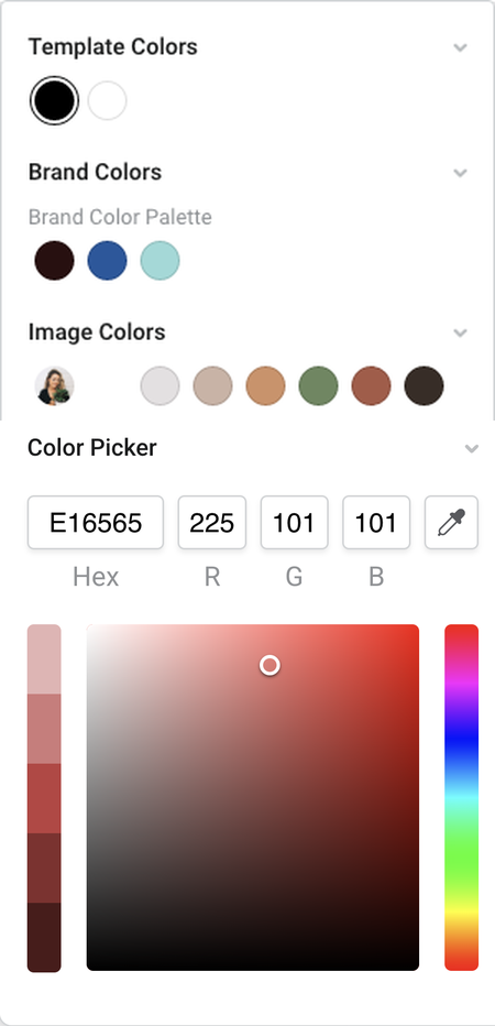 Color Popout showing Template Colors, Brand Colors, Image Colors, and the Color Picker