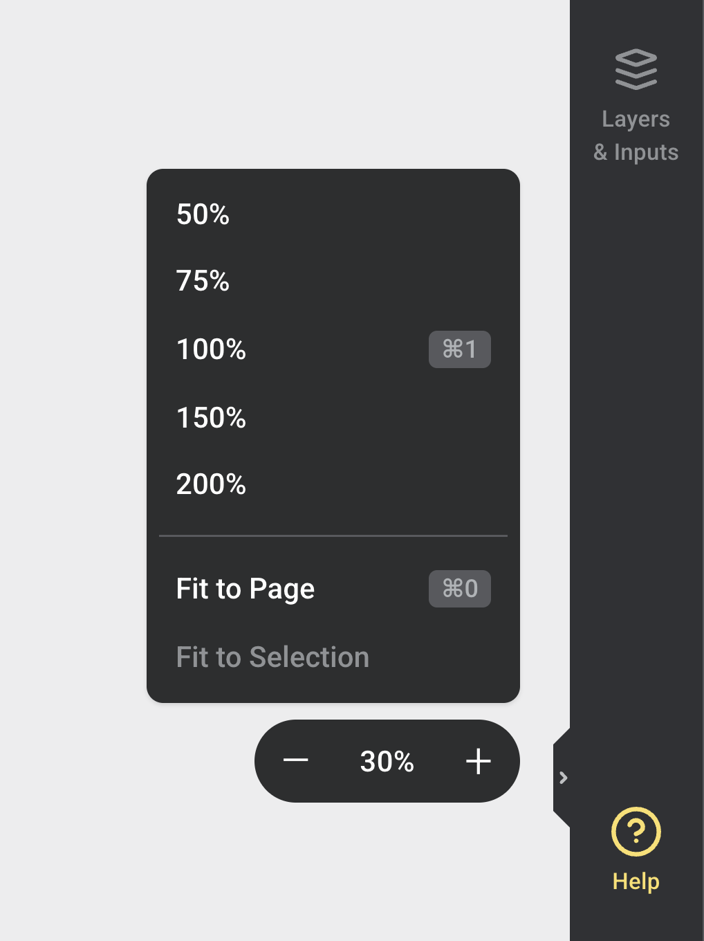 The zoom preset menu showing percentage options, Fit to Page, and Fit to Selection.