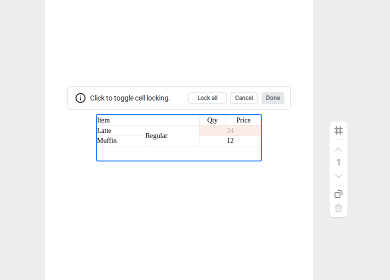 A table in Easil cell locking mode, showing locked cells and the Lock all, Cancel, and Done controls