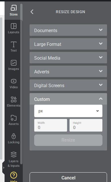 The Custom section in the Resize Design panel showing unit, width, and height inputs