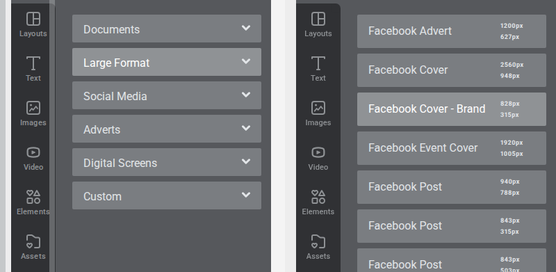 The Resize Design panel showing preset size categories next to an expanded category with specific presets