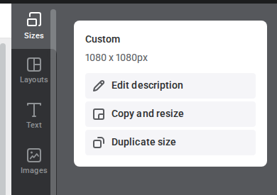 The Sizes tab in the editor sidebar showing the Copy and resize button