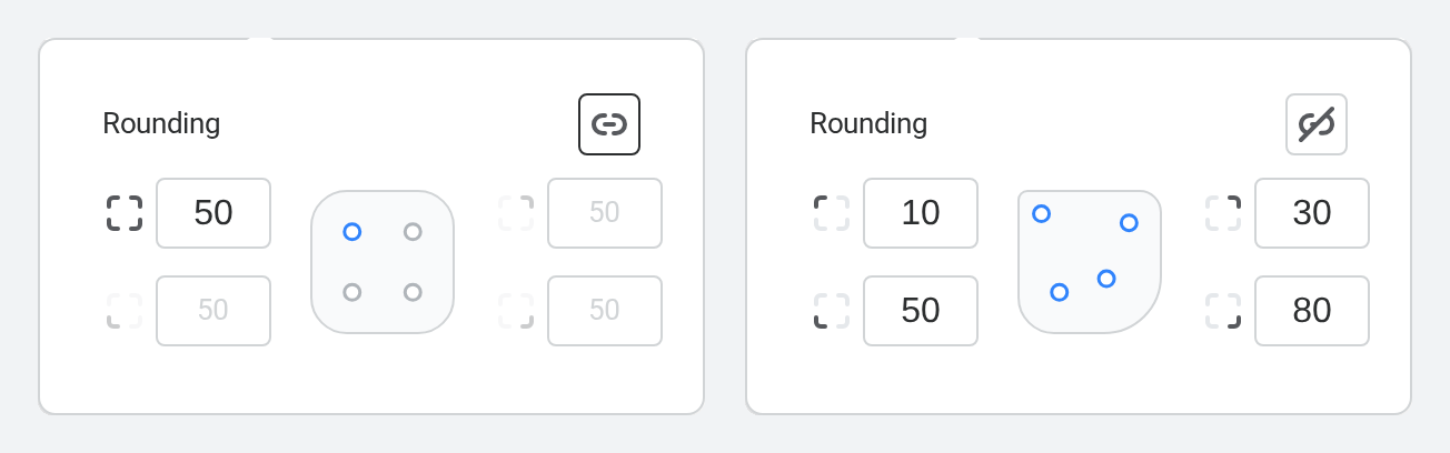 The Rounding popout showing linked corners set to 50, next to unlinked corners with different values.