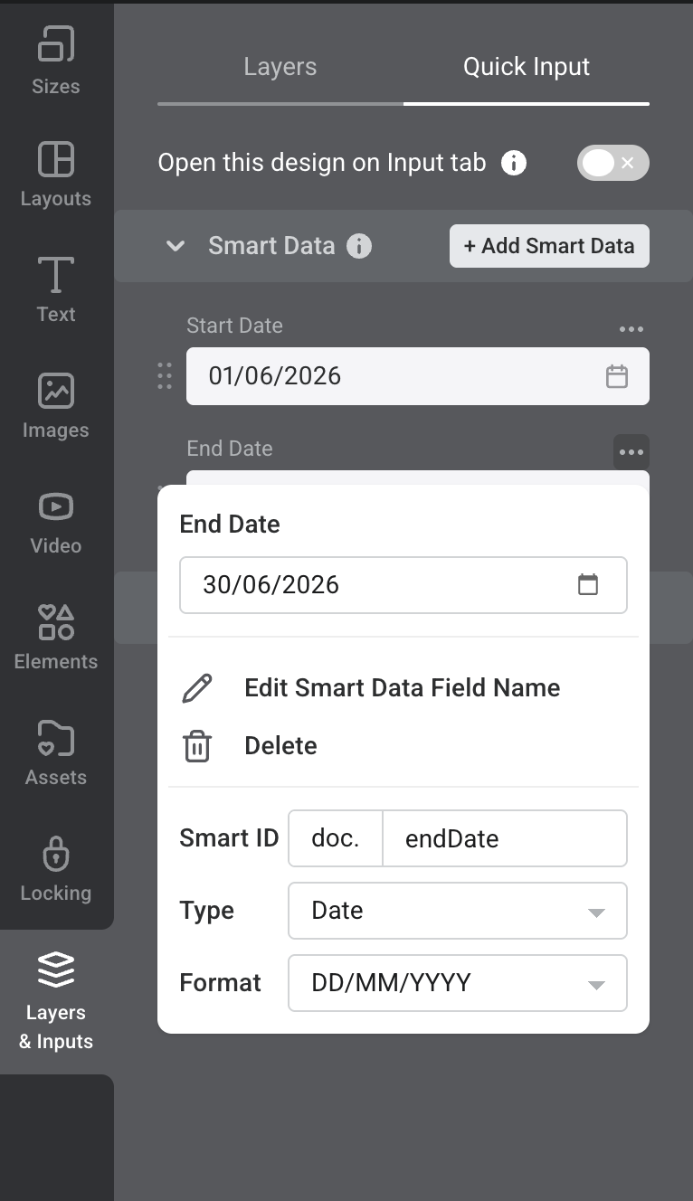 Designer Smart Data field settings in Quick Input